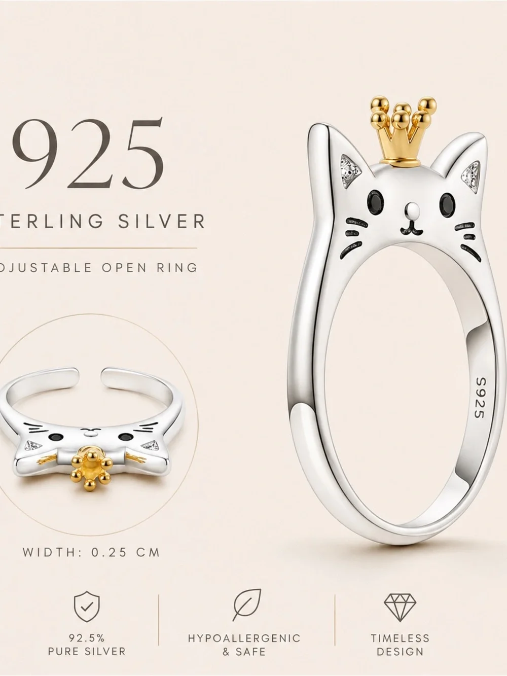 Silver Cat Crown Ring for Pets Lovers - White and Gold